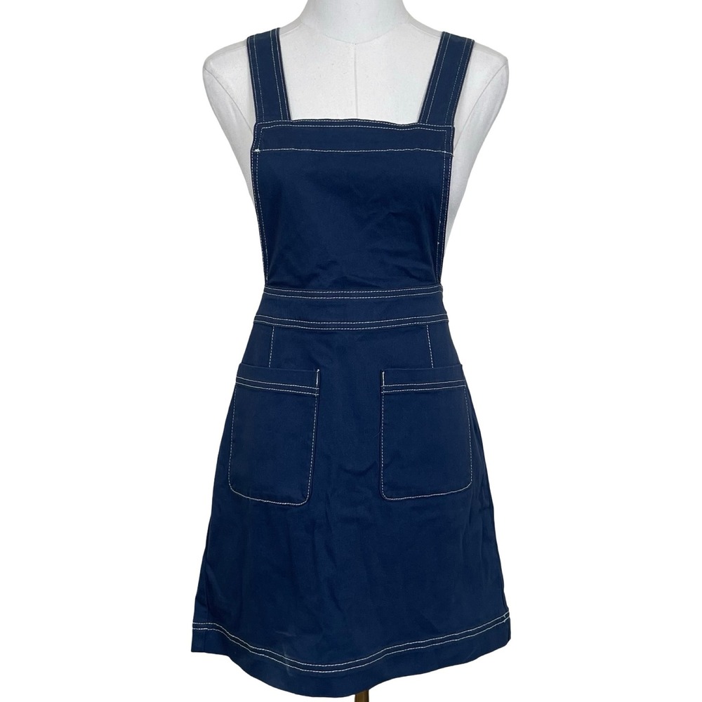 ModCloth Pinafore Jumper Dress Womens 6 Navy Blue Contrast Stitch Pockets NEW